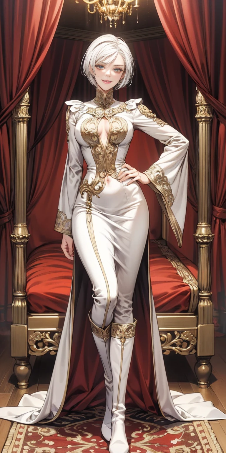 Setting: Royal bedroom - Grand, opulent, with rich fabrics and tapestries Character: Appearance: White hair - Short, styled in a sharp bob Full figure - Curvaceous Attire: High boots - Leather, reaching up the calves Elegant outfit - Befitting the royal setting (consider a dress, gown, or ensemble) Red tattoo - Delicate design on the navel Face - A confident smirk plays on her lips, eyes sparkling with amusement Pose: Full body - Standing tall Hands - Resting on hips in a commanding posture Additional details: (add to the background a four-poster bed, a plush rug, ornate furniture)