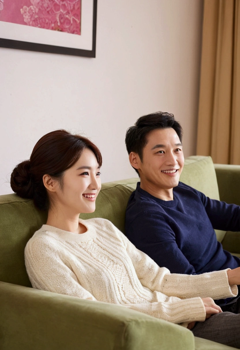 Couple relaxing on the sofa、smile、men and women、Watching a TV program、２Watching with other people