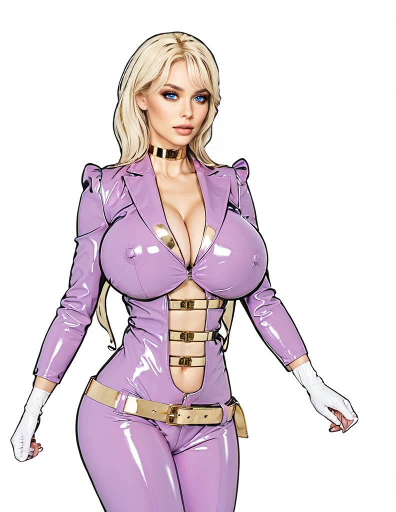 adult woman, blonde curly hair, pink latex Blazer Suit,gold belts, pinkt latex Trousers,white gloves, blue eyes, big breast,standing 