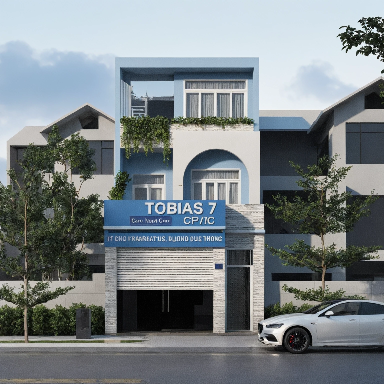 there is a car parked in front of a building with a sign on it, modern lush condo as shopfront, wide angle exterior 2022, frontview, very realistic 3 d render, 3 d photorealistic render, architectural render, exterior view, photorealistic rendering, photorealistic 3 d render, photorealistic 3d render, architectural 3 d render