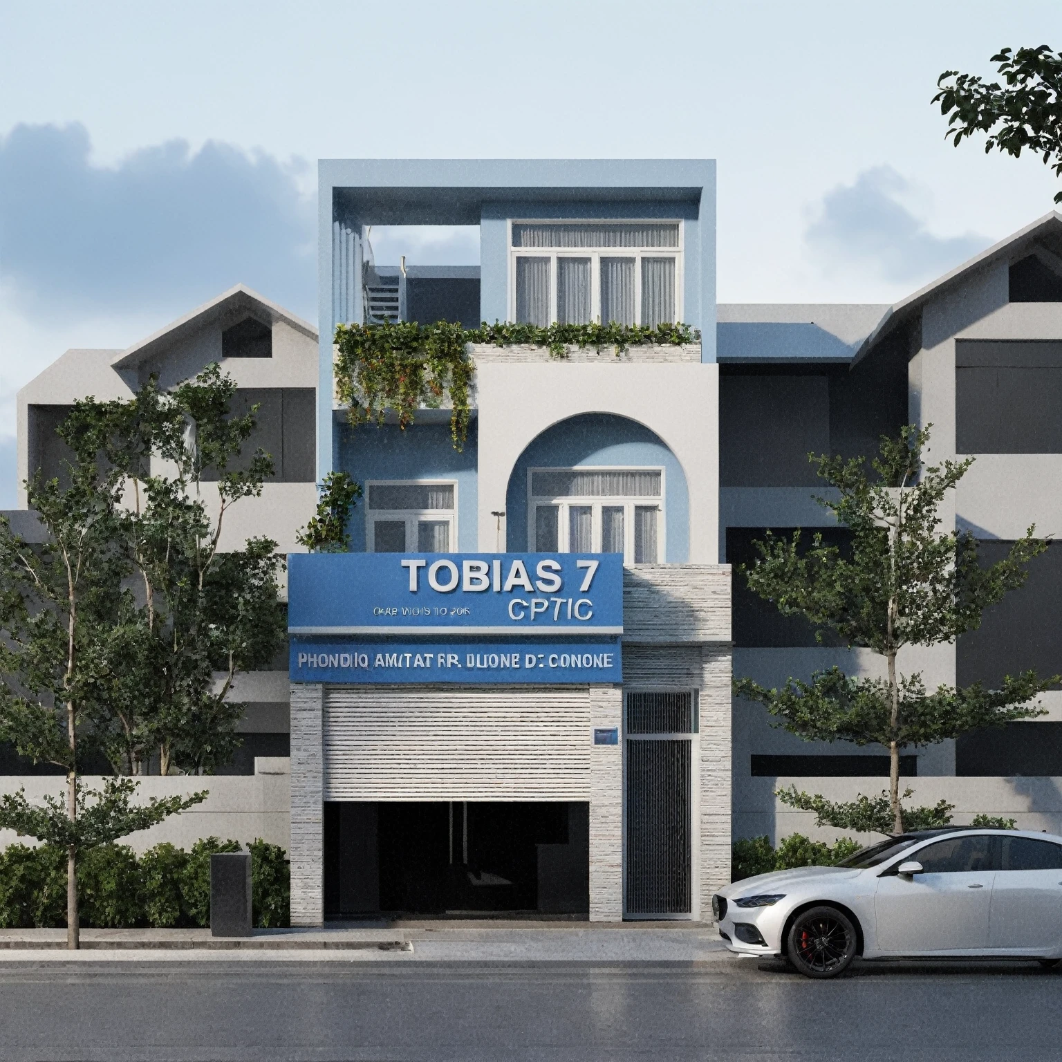 there is a car parked in front of a building with a sign on it, modern lush condo as shopfront, wide angle exterior 2022, frontview, very realistic 3 d render, 3 d photorealistic render, architectural render, exterior view, photorealistic rendering, photorealistic 3 d render, photorealistic 3d render, architectural 3 d render