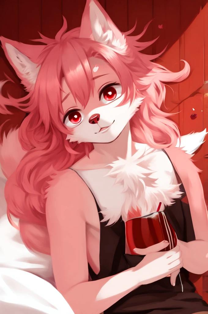 masterpiece, Best Quality, 1 chico, pink hair, wolf ears, cola, ((Red eyes)), ((perfect hands)), ((pink fur))
