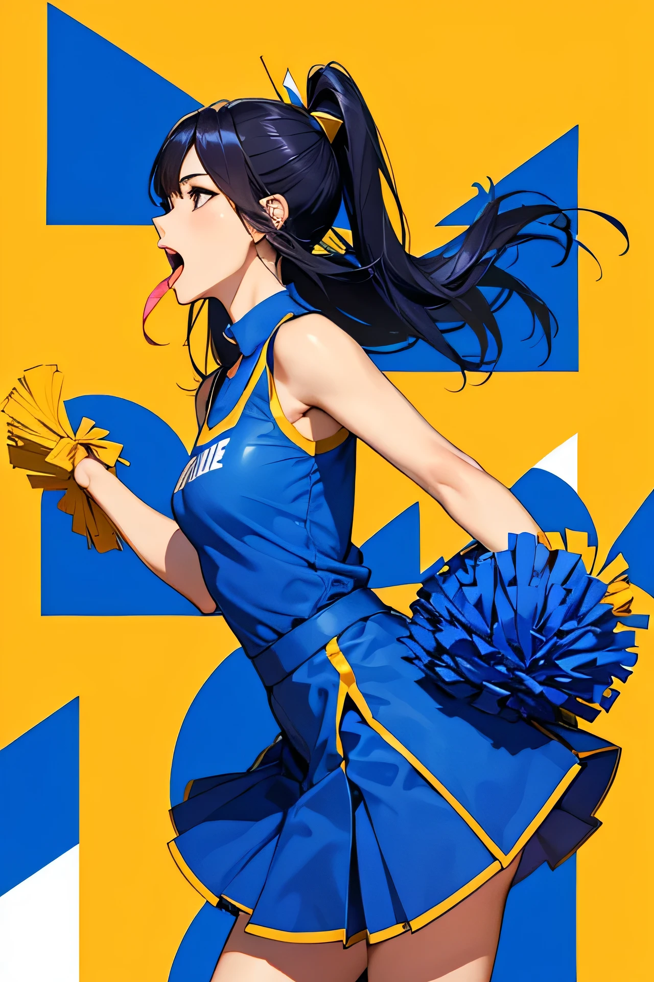 Good luck!!!Profile of a female cheerleader in a blue outfit shouting with her mouth wide open。