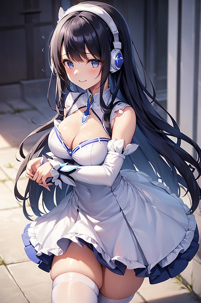 mecha wings、White and blue skirt、Accentuated thighs、White tights、chest、Beautiful black hair、1 girl、solo girl、Thick thighs、IS、Frame Arms Girl、Alice Gere Aegis、White Armor、Blue and purple lines、income、headphone、hand on own chest、smile