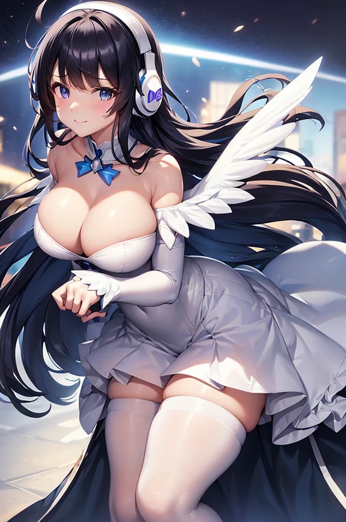 mecha wings、White and blue skirt、Accentuated thighs、White tights、chest、Beautiful black hair、1 girl、solo girl、Thick thighs、IS、Frame Arms Girl、Alice Gere Aegis、White Armor、Blue and purple lines、income、headphone、hand on own chest、smile