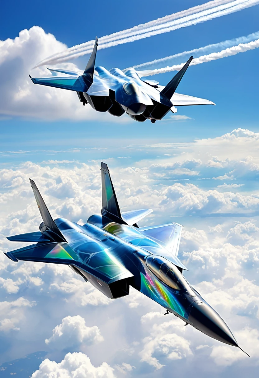 transparent and iridescent stealth fighter jets, blue sky, white clouds, 2.5D, delicate and dynamic