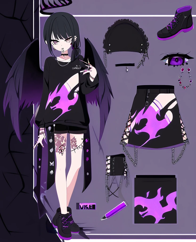 Anime girl. Fallen angel. Black wings. Black halo. Purple and brown eyes. Short, black hair. Purple dye underneath. Singer. On stage. Purple fire. Ouji style. VKei style. Goth. Fire tattoos. Many piercings. Reference sheet. VTuber. Wearing shorts.