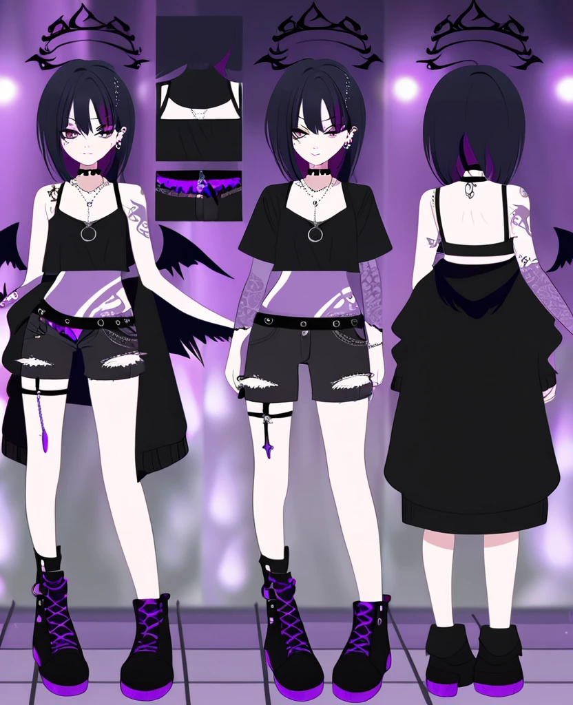Anime girl. Fallen angel. Black wings. Black halo. Purple and brown eyes. Short, black hair. Purple dye underneath. Singer. On stage. Purple fire. Ouji style. VKei style. Goth. Fire tattoos. Many piercings. Reference sheet. VTuber. Wearing shorts.