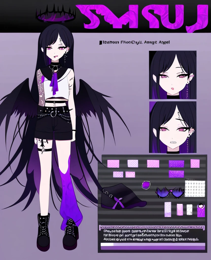Anime girl. Fallen angel. Black wings. Black halo. Purple and brown eyes. Short, black hair. Purple dye underneath. Singer. On stage. Purple fire. Ouji style. VKei style. Goth. Fire tattoos. Many piercings. Reference sheet. VTuber. Wearing shorts.