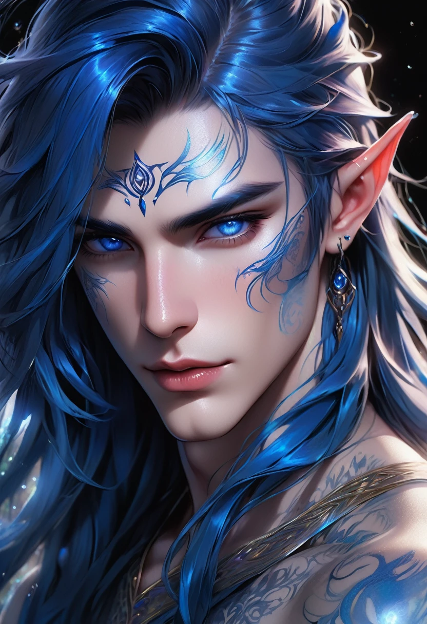 full ariel view of a ethereal demonic 25 year old anime guy male druid, with metallic foil print royal blue long hair, moist wet glistening lips, delicate masterpieceintimate delicate etched glowing rune tattoos, winking, beautiful gorgeous elf ((male)) kissyface, perfect face, blue/black pastel eyes, long royal blue wisp hair, freckles, piercings, foil print neonbody art, laboratory experiment, perfect anatomy, centered, almost perfect, dynamic, very detailed, glowing, artstation, concept art, soft and sharp focus, art by Carne Griffiths and Wadim Kashin, high-definition accent lighting, epic, elven atmosphere, contrasted with vibrant paint colors., futuristic cyborg in the year 2950,