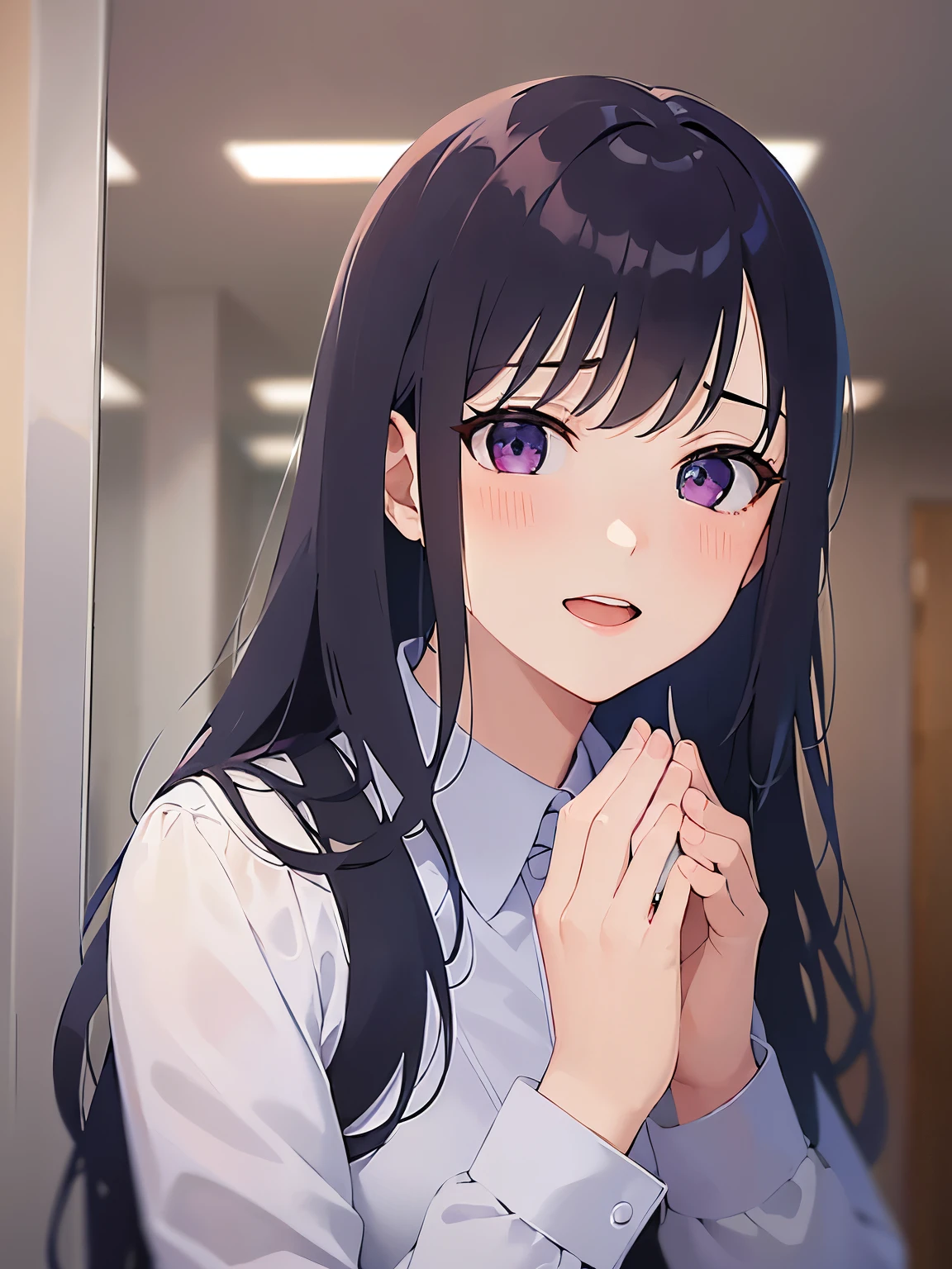 looking up, clasping own hands, Upper Body, Realistic, real person, (pale skin: 1.2), RAW photo, photorealistic, shiny skin, shiny hair、(A 25-year-old woman with straight hair and bangs) and (medium hair) and (black hair) and (purple eyes) , (business suit:1.5) and (white collared shirt)、(blush:1.5), smile, open mouth, The background is a company corridor、Alone、Are standing