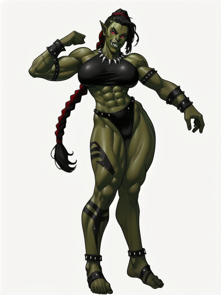 woman, big fangs, female orc, shewoworc, olive green skin, (perfect face), defined jawline, beautiful dark green lips, (beautiful bright red eyes), (long black braided ponytail:1.2), (green skin), (perfect anatomy), (athletic body), (sexy), exposed midriff, abs, (white tribal face paint;1.2),nude, nsfw (large breasts:1.4), (intricate silver arm bracers studded with gems), (intricate ancient tribal bone necklace), (standing, hand on waist, flexing biceps), (looking at viewer), (((full body view))), ((background, white background: 1.3))