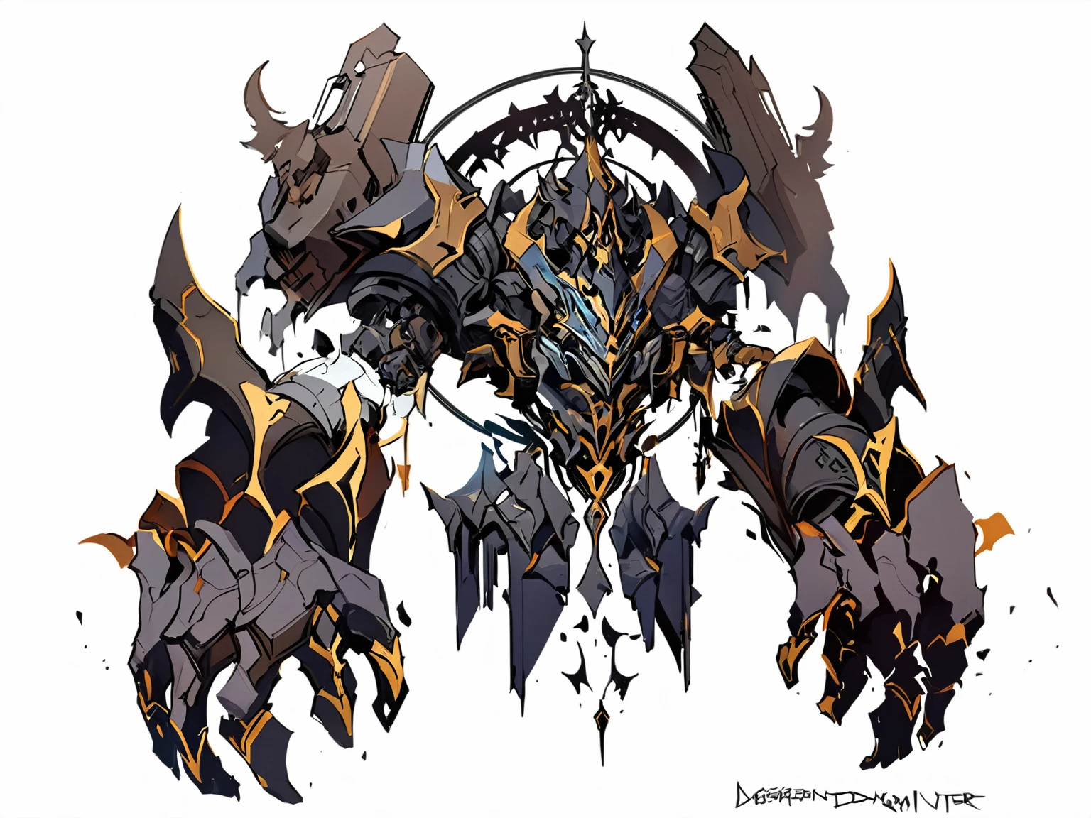 a close up of a drawing of a robot with a large head, darksiders art style, concept art of omegamon, symmetric concept art, mechanized art concept, darksiders style, from arknights, greek god in mecha style, hard edges concept art, mecha art, symmetry!! concept art, golem, grandsoil the elemental lord