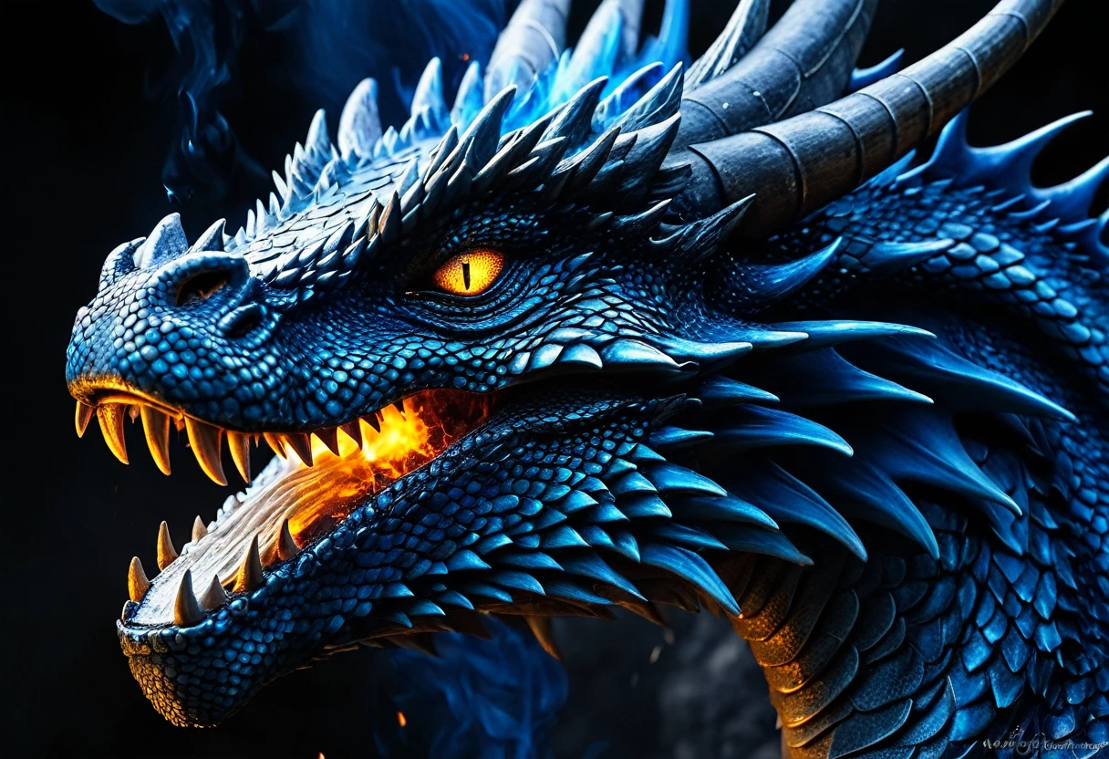 Generate a highly detailed and realistic close-up photo of a dragon's face as it breathes blue fire from its mouth. The dragon should have intricate scales with a mix of dark and iridescent colors, and its eyes should be fierce and glowing. The blue flames erupting from its mouth should be vividly bright, casting an otherworldly glow on the dragon's face and highlighting the texture of its scales and features. Smoke and sparks should be visible around the fire, adding to the intensity of the scene. The background is dark and slightly blurred to keep the focus on the dragon's face and the blue flames. This photo should capture the raw power and majesty of the dragon, with a hyper-realistic level of detail that makes the scene both awe-inspiring and intimidating.