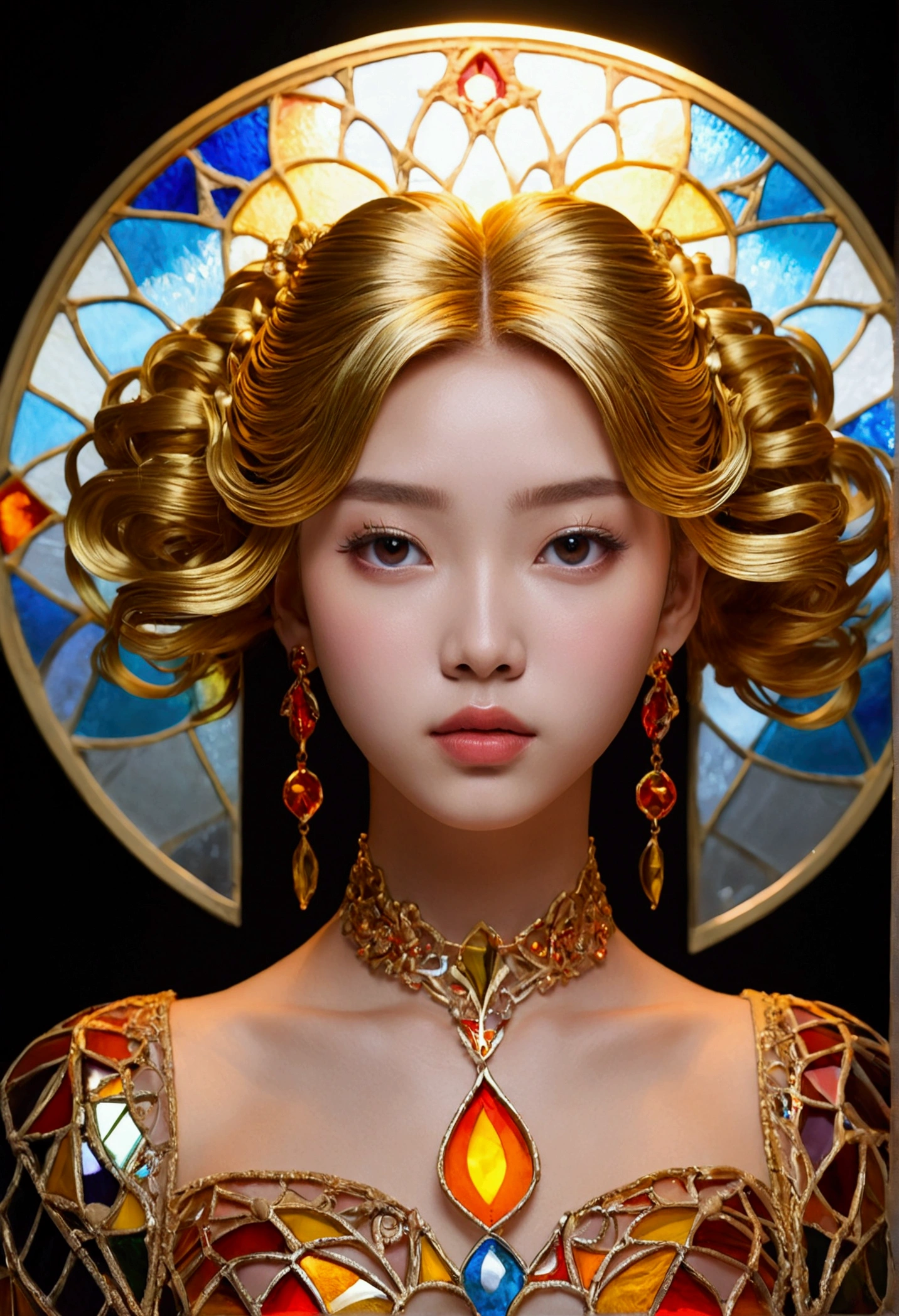 (masterpiece, Highest quality, Highest quality,Official Art, beautifully、Super Gold Hairstyle、aesthetic:1.2),(One girl:1.3), One girl BREAK stained glass art, Colored Glass, Lead wire, Light transmission BREAK Vivid colors, Intricate Design, Glowing effect, Spiritual atmosphere
