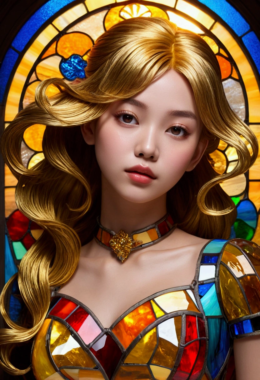 (masterpiece, Highest quality, Highest quality,Official Art, beautifully、Super Gold Hairstyle、aesthetic:1.2),(One girl:1.3), One girl BREAK stained glass art, Colored Glass, Lead wire, Light transmission BREAK Vivid colors, Intricate Design, Glowing effect, Spiritual atmosphere