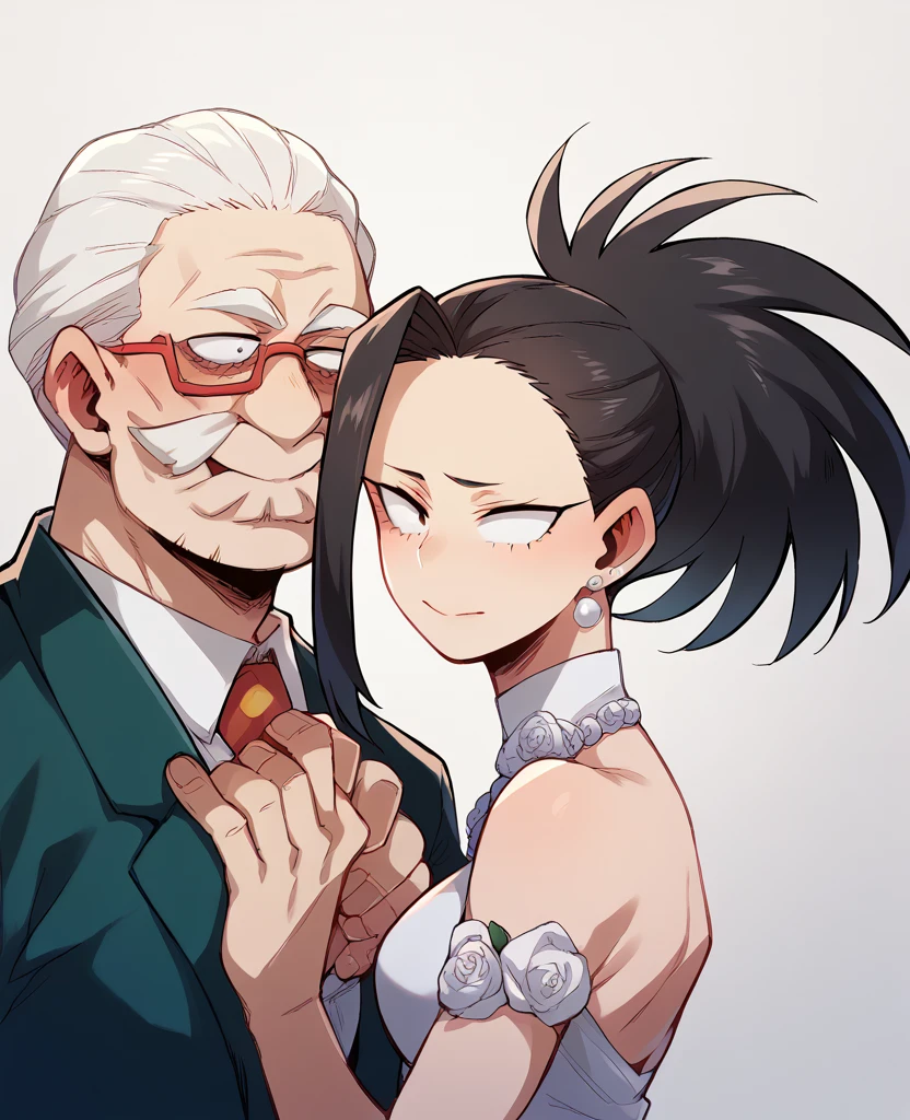 Momo yaoyorozu from my hero academia wearing an elegant wedding dress marrying an old man