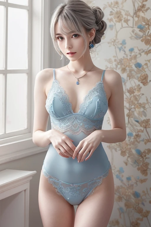 Blue lace thong&good, (((Very elegant and beautiful, Perfect detail, Very detailed))), whole body, The most detailed girl, Written boundary depth, 美しく詳細なwhole body, Thin legs, 1 girl, 30 years old, Very short hair, Spiked Hair, Gray and silver hair, Beautiful detailed hair, Perfect Face, Expressionless, Beautiful, detailed, deep eyes, Please open your mouth a little, Delicate arms and hands, Pale skin, Earrings, Beautiful and gorgeous necklace, Colorful background, HD background, Blurred Background, Very delicate and beautiful, masterpiece, (((Highest quality, Very beautiful 8K CG wallpaper))), (((Trendy hairstyles))), (Inside the room,Stylish interior,window),