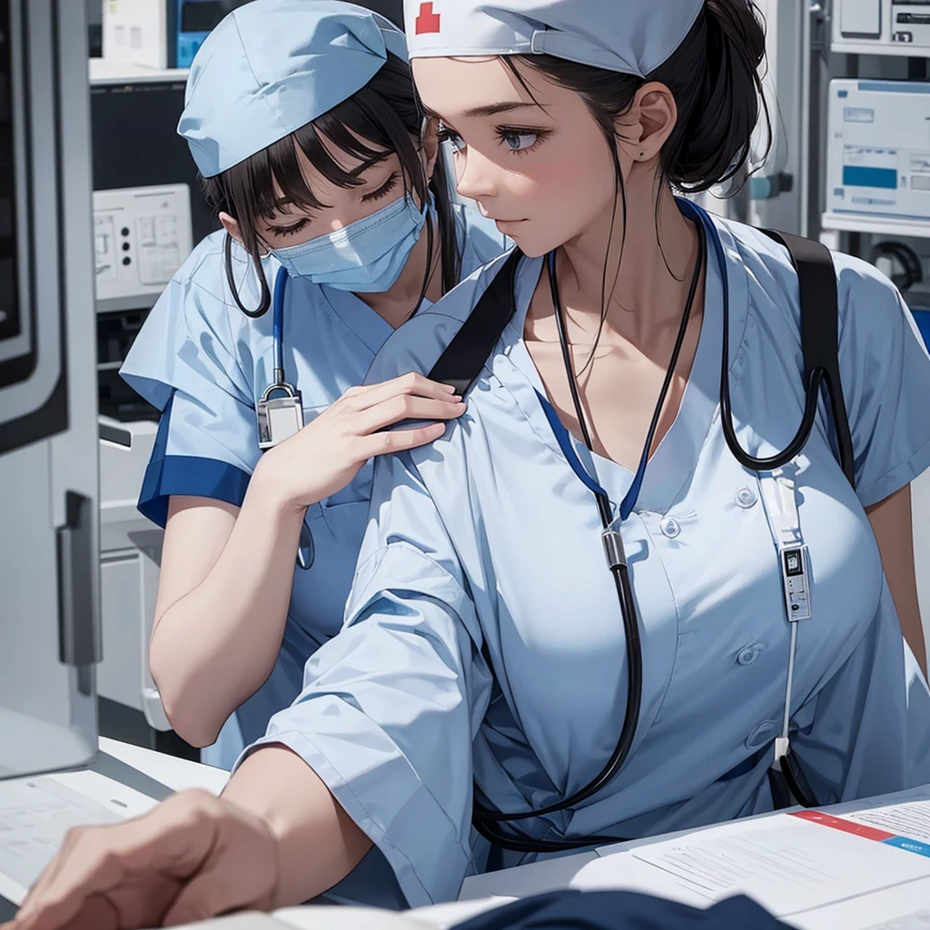 nursing aide,one girl,solo,blue or white scrubs,not wearing a hat or cap, I can't get my head out of the picture, Facing forward.