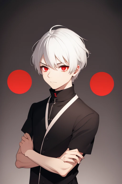 boy with arrogant face with white hair with red eyes