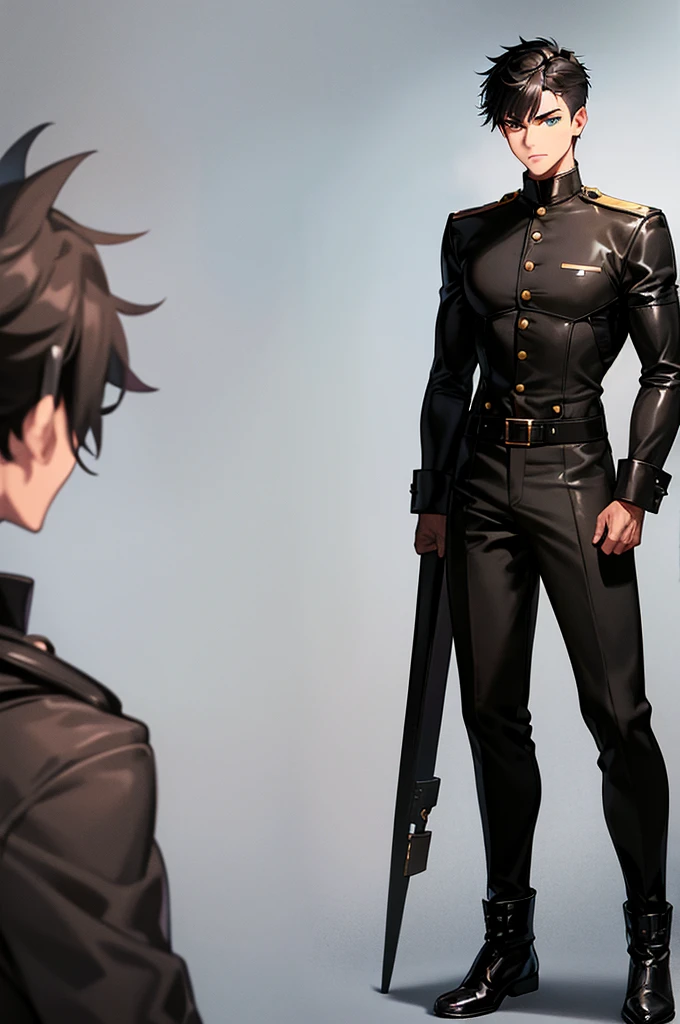 Tall, tan skin man with black military outfit, short, spikey, black hair. Green eyes, scars on his face, muscular frame, black leather boots, black combat boots