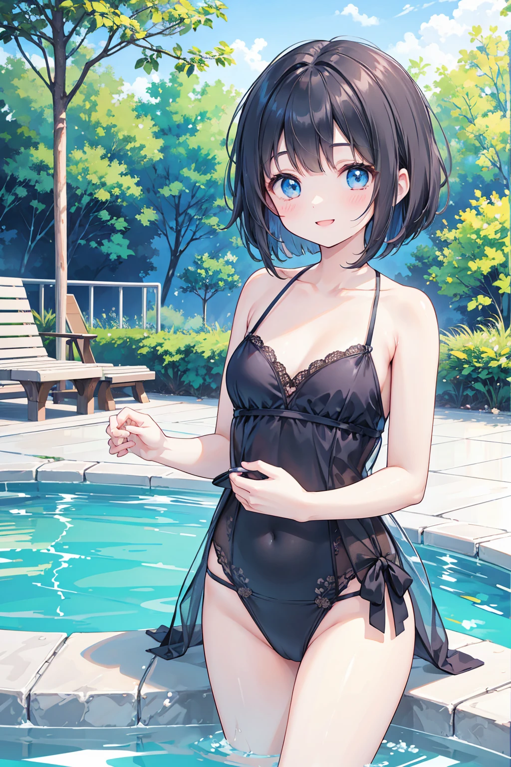 Photorealistic、Highest quality、Highest Resolution、Highest quality、8K、1人のBeautiful woman、Beautiful woman、Beautiful woman、cute、Bob cut hair、Dark Hair Color、Pale blue eyes、cute水着、Pool、Playing with floats、smile、looks fun、