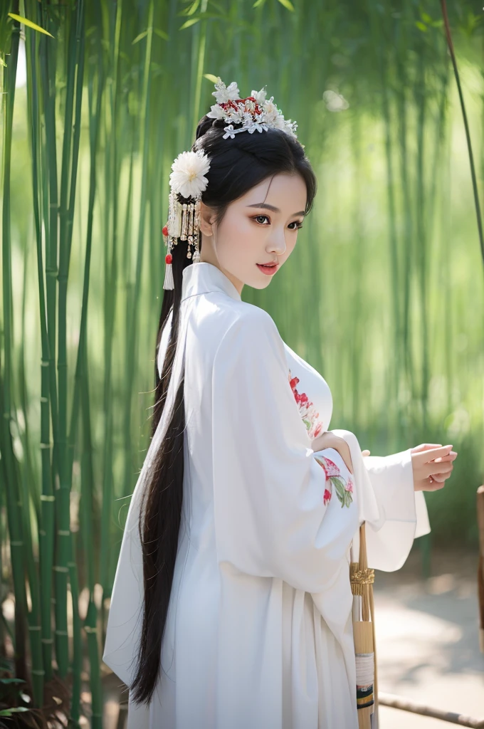 best quality, 8k, very delicate and beautiful, highly detailed face and skin texture, shiny skin, high resolution, beautiful chinese girl in white chinese traditional dress stand in bamboo forest, sharp focus
