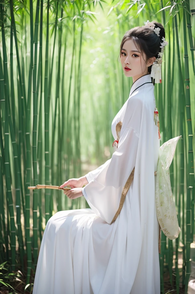 best quality, 8k, very delicate and beautiful, highly detailed face and skin texture, shiny skin, high resolution, beautiful chinese girl in white chinese traditional dress stand in bamboo forest, sharp focus
