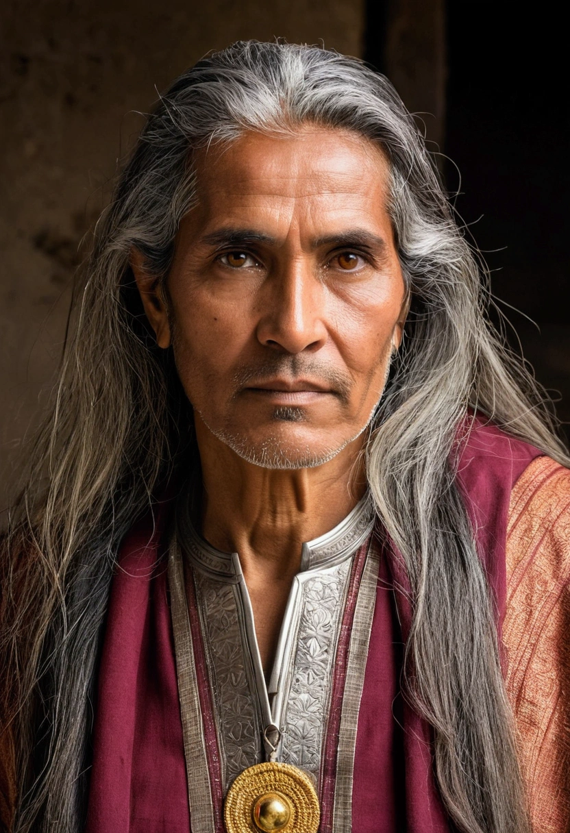 Sarique, at 55 years old, is a woman of medium height and athletic build. His long gray hair frames a face marked by wisdom and determination., and his golden eyes shine with an intensity that reflects his passion for the history and traditions of Caramuru. She has an imposing and at the same time welcoming posture., wearing simple clothes that highlight your humility and dedication to your community.