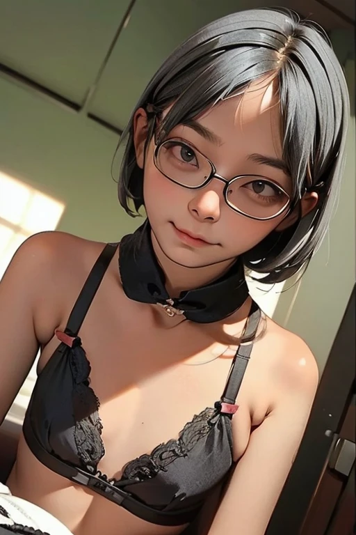 ((Bra is visible.))Angle from below、Short Hair Girl、Gray Hair、Glasses