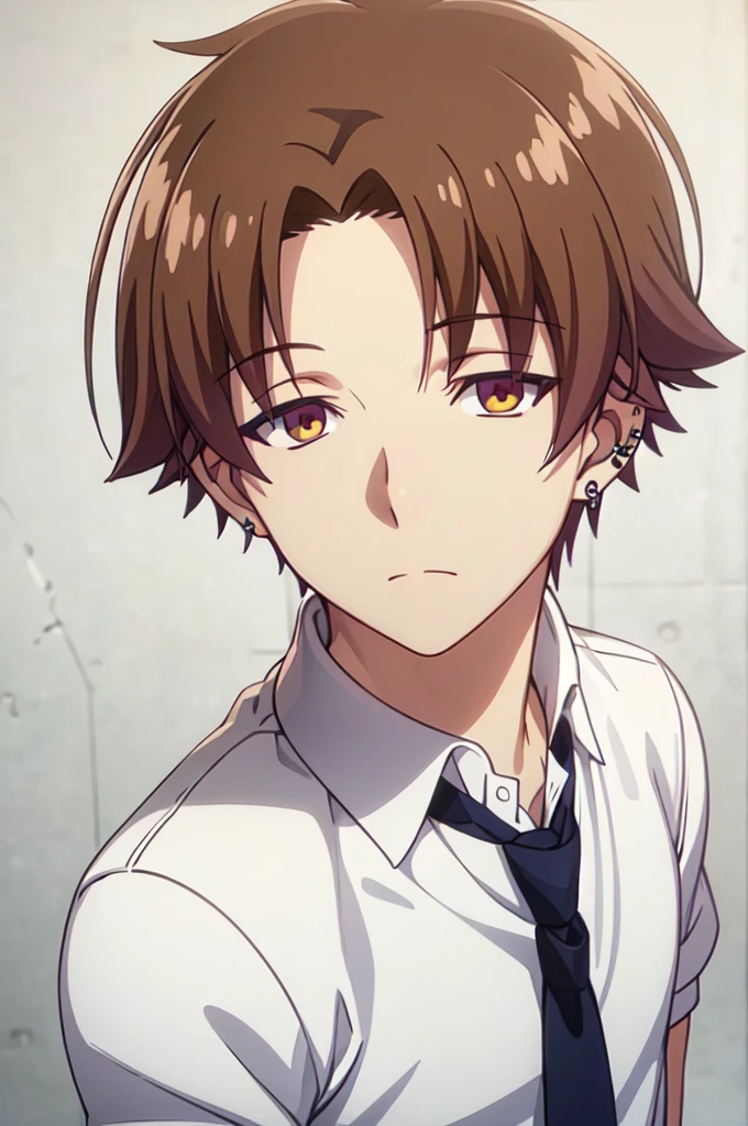 Masterpiece, best quality, 1boy, upper body, necktie, ((black ear piercing)), closed mouth, simple backround, blonde hair, short hair, brown eyes, from above, looking at viewer, face