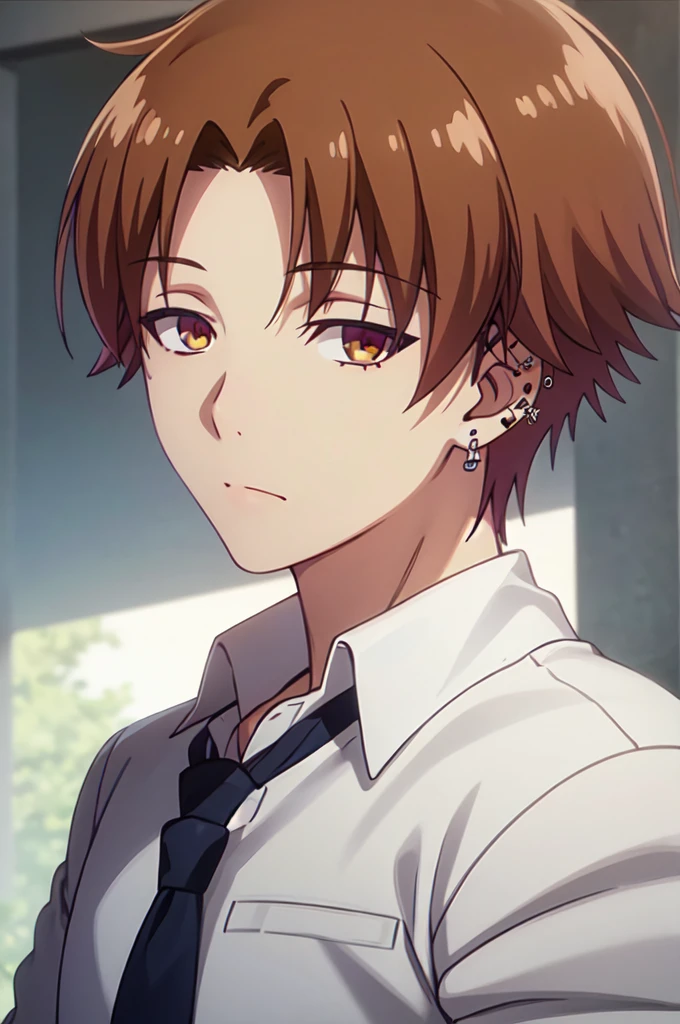 Masterpiece, best quality, 1boy, upper body, necktie, ((black ear piercing)), closed mouth, simple backround, blonde hair, short hair, brown eyes, from above, looking at viewer, face