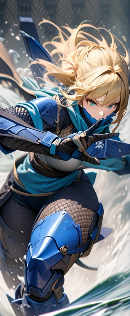 (masterpiece),(Highest quality),(High resolution),(Very detailed),8k,wallpaper,(Armored Core Style),Woman in ninja robot armor,Random Hairstyles, Blonde, yellow hair,(Water Ninja),(Blue body),(Detailed face),(Detailed body),(The background is foggy:1.2),(The body is enveloped in mist:1.2),(dynamic),(Making a Ninja Sign:1.5),(action shot)