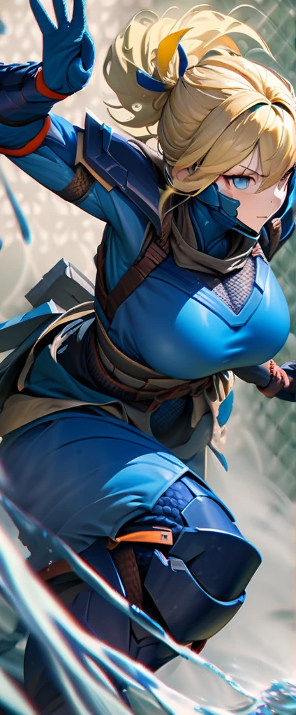 (masterpiece),(Highest quality),(High resolution),(Very detailed),8k,wallpaper,(Armored Core Style),Woman in ninja robot armor,Random Hairstyles, Blonde, yellow hair,(Water Ninja),(Blue body),(Detailed face),(Detailed body),(The background is foggy:1.2),(The body is enveloped in mist:1.2),(dynamic),(Making a Ninja Sign:1.5),(action shot)