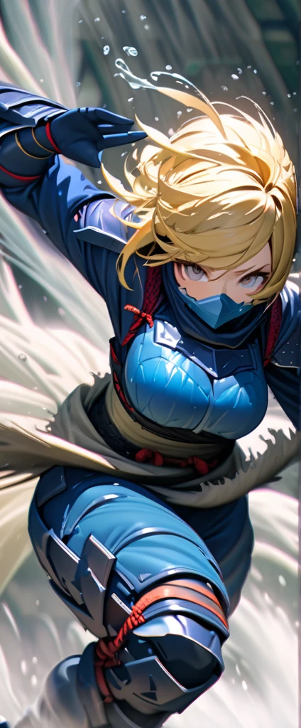 (masterpiece),(Highest quality),(High resolution),(Very detailed),8k,wallpaper,(Armored Core Style),Woman in ninja robot armor,Random Hairstyles, Blonde, yellow hair,(Water Ninja),(Blue body),(Detailed face),(Detailed body),(The background is foggy:1.2),(The body is enveloped in mist:1.2),(dynamic),(Making a Ninja Sign:1.5),(action shot)