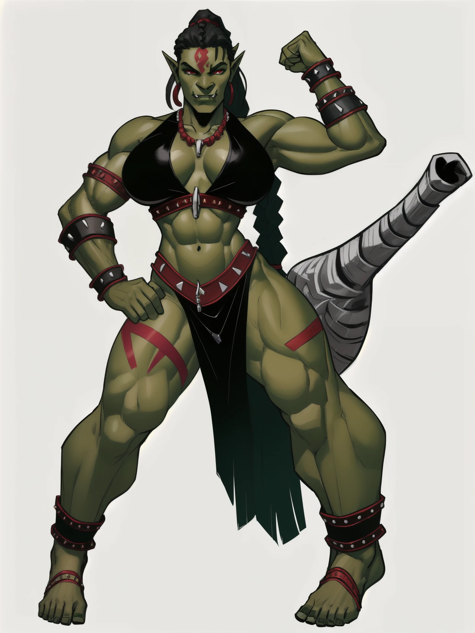 woman,  big fangs, female orc, shewoworc, olive green skin, (perfect face), defined jawline, beautiful dark green lips, (beautiful bright red eyes), (long black braided ponytail:1.2), (green skin), (perfect anatomy), (athletic body), (sexy), exposed midriff, abs, (white tribal face paint;1.2),nude, nsfw (large breasts:1.4), (intricate silver arm bracers studded with gems), (intricate ancient tribal bone necklace), (standing, hand on waist, flexing biceps), (looking at viewer), (((full body view))), ((background, white background: 1.3))