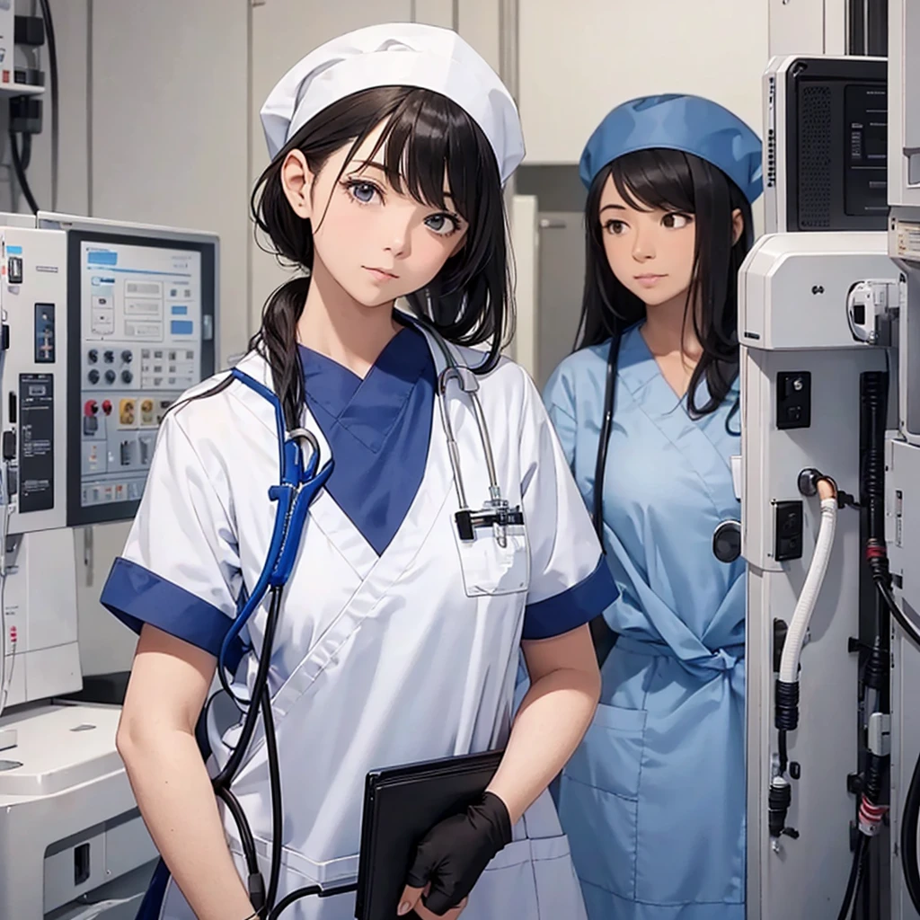 nursing aide,one girl,solo,blue or white scrubs,not wearing a hat or cap, I can't get my head out of the picture, Facing forward.