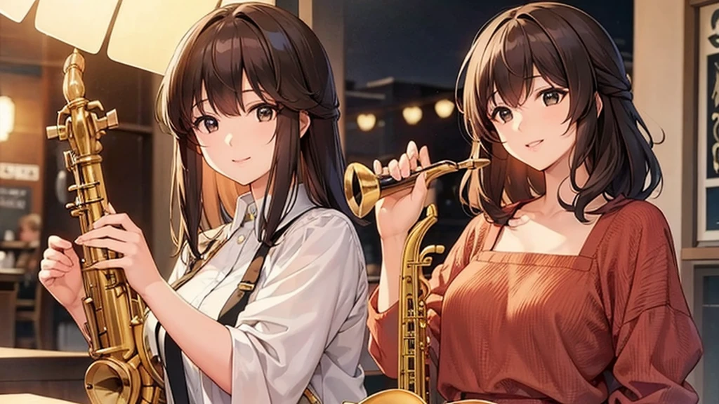Medium Hair、bangs、Wave、Chestnut color、woman、Saxophone、smile, cafe