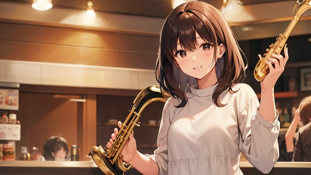 Medium Hair、bangs、Wave、Chestnut color、woman、Saxophone、smile, cafe