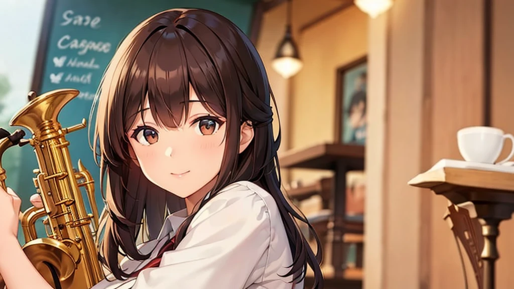 Medium Hair、bangs、Wave、Chestnut color、woman、Saxophone、smile, cafe
