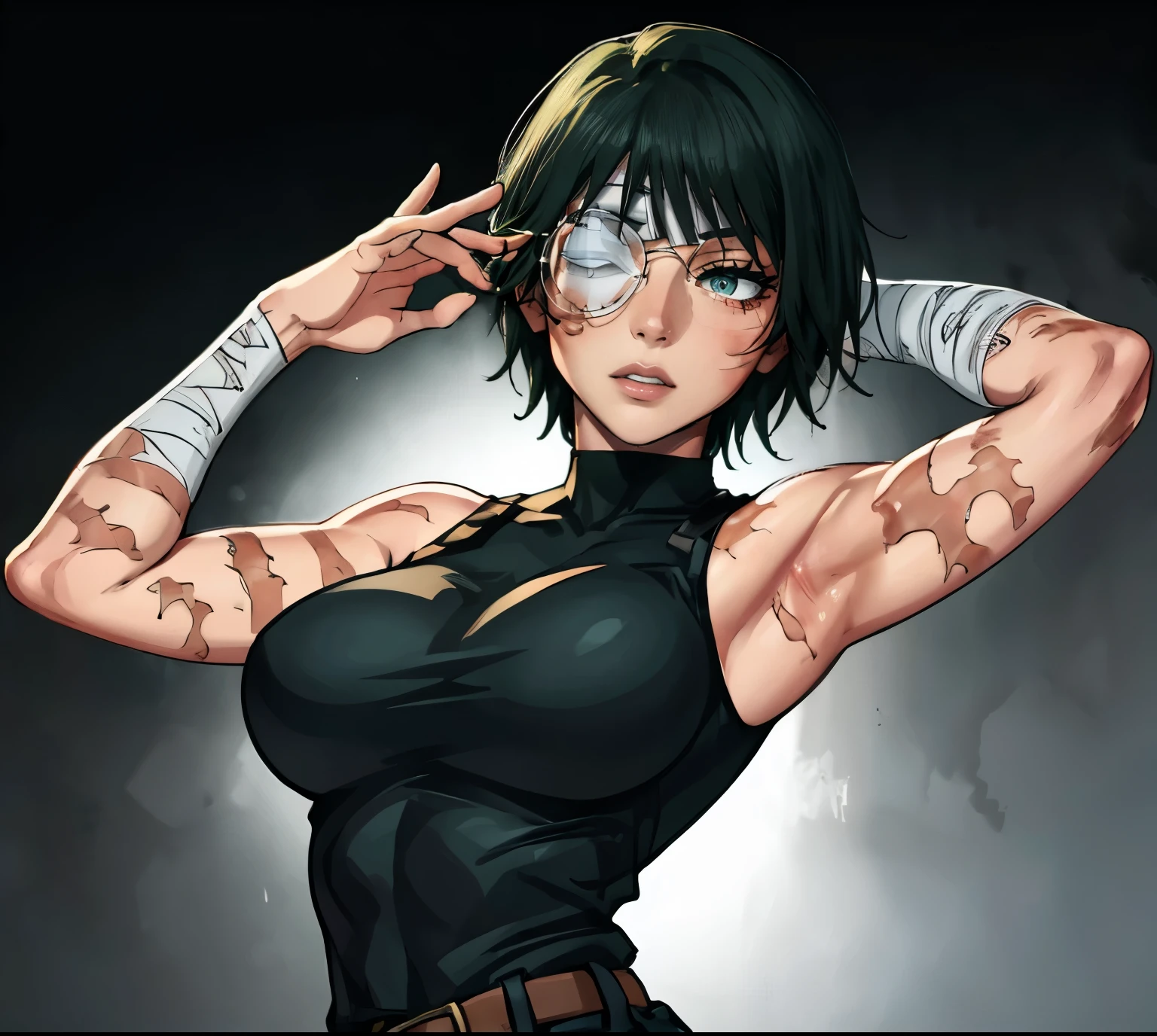 (masterpiece:1.2, best quality:1.2, beautiful, high quality, highres:1.1), 1girl, detailed, short hair, short fluffy hair, short green hair, extremely detailed 4K, perfect eyes, perfect face, visible bandaid, 1 eye, bandaid covering eye, other eye covered, eye covered with bandaid, circle arms, serious gaze, ready for battle, combat face, glasses, circle shaped glasses, yellow shiny eyes, yellow colored eyes, Bandaid on face, posing, hands, arms, scars on arms, scars on face, scars on cheek, bangs, really short hair, scars on body, Maki Zenin eyes, perfect eyes, scars on face, dangerous, eye patch, white bandage on eye, yellow colored eyes, exotica, scar on face, scar on cheeks, visible scars on cheeks, bandage on eye, scar on eye, Maki Zenin, scar on body, very short hair, circle glasses, dark scars on face, Maki Zenin LoRA, black shirt, scar on eye, scars, sleeveless, crop top, beautiful face, perfect lighting, (1girl, solo, adult female, mature female), thin, lithe body, Maki Zenin, green hair, glasses, (big breasts), ((sensual seductive))