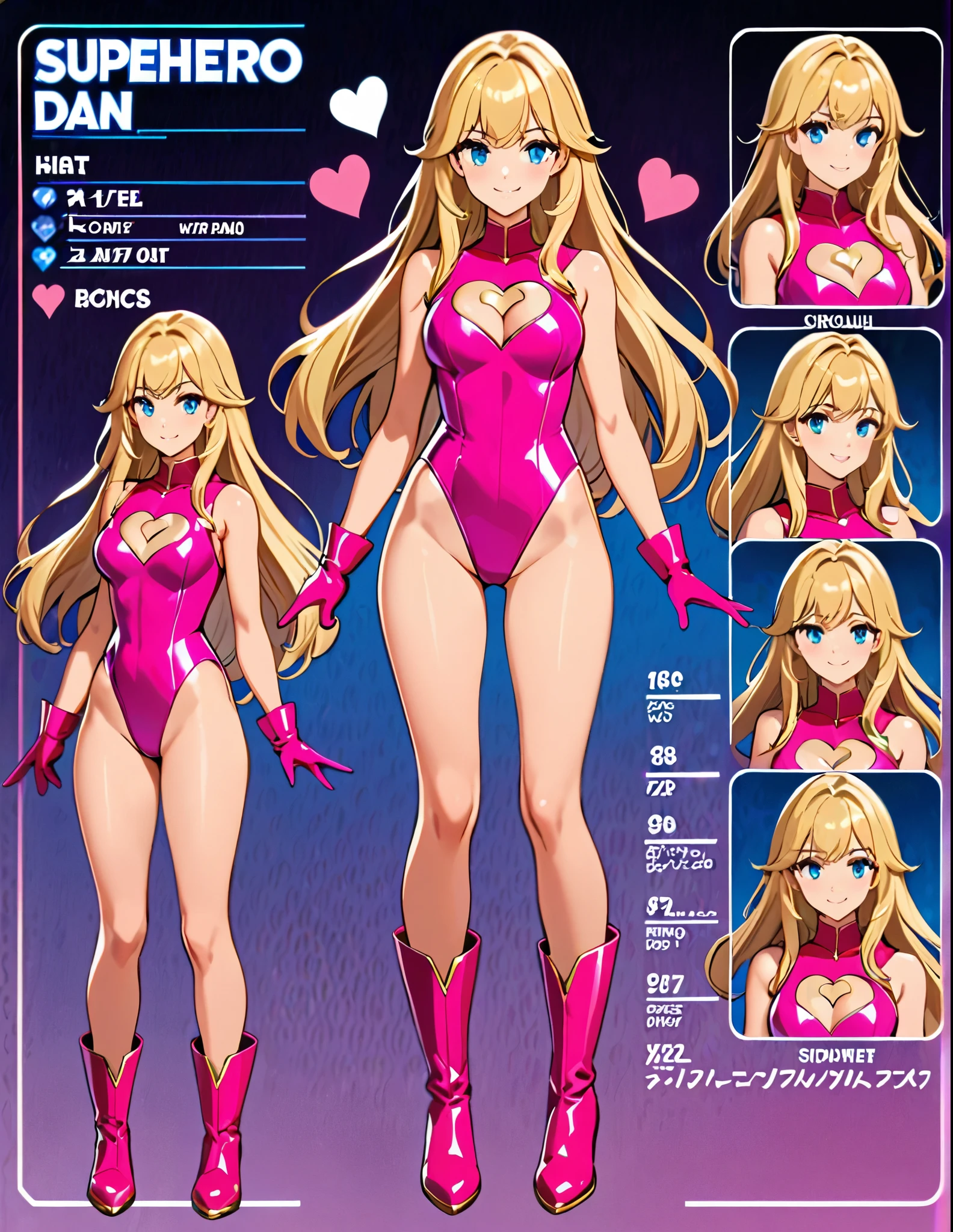 masterpiece, best quality, highres, 1girl, solo, superhero, leotard, bare legs, matching boots, sleeveless, looking at viewer, perfect hands, perfect eyes, perfect leotard, perfect legs, perfect arms, perfect fingers, medium breasts, pink leotard, standing, (blonde hair), long hair, knee boots, blue eyes, heart cutout, cute face, hair down, bangs, sleeveless, pink gloves, pink footwear, cleavage cutout, smile, full body with costume, Character Sheet Full-Length, 