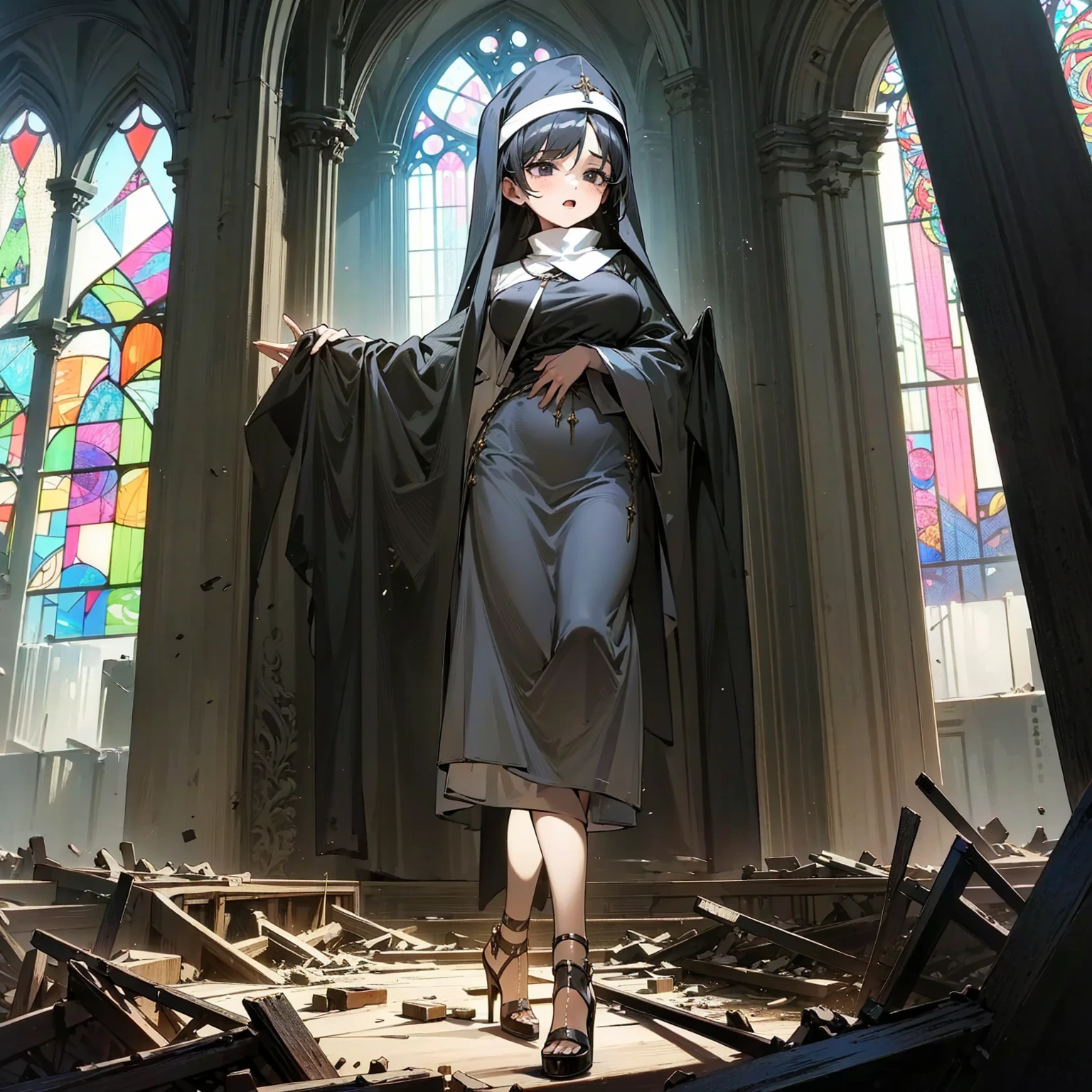 (solo), 1 skinny nun, (black sheer nun's robe), large breasts, stiletto heels, BREAK, black short hair, long sidelocks, black eyes, BREAK, short torso, skinny waist, skinny long legs, BREAK, old rotten church, devastated ruin, stained glass, BREAK, orgasm, coverd erectile nipples