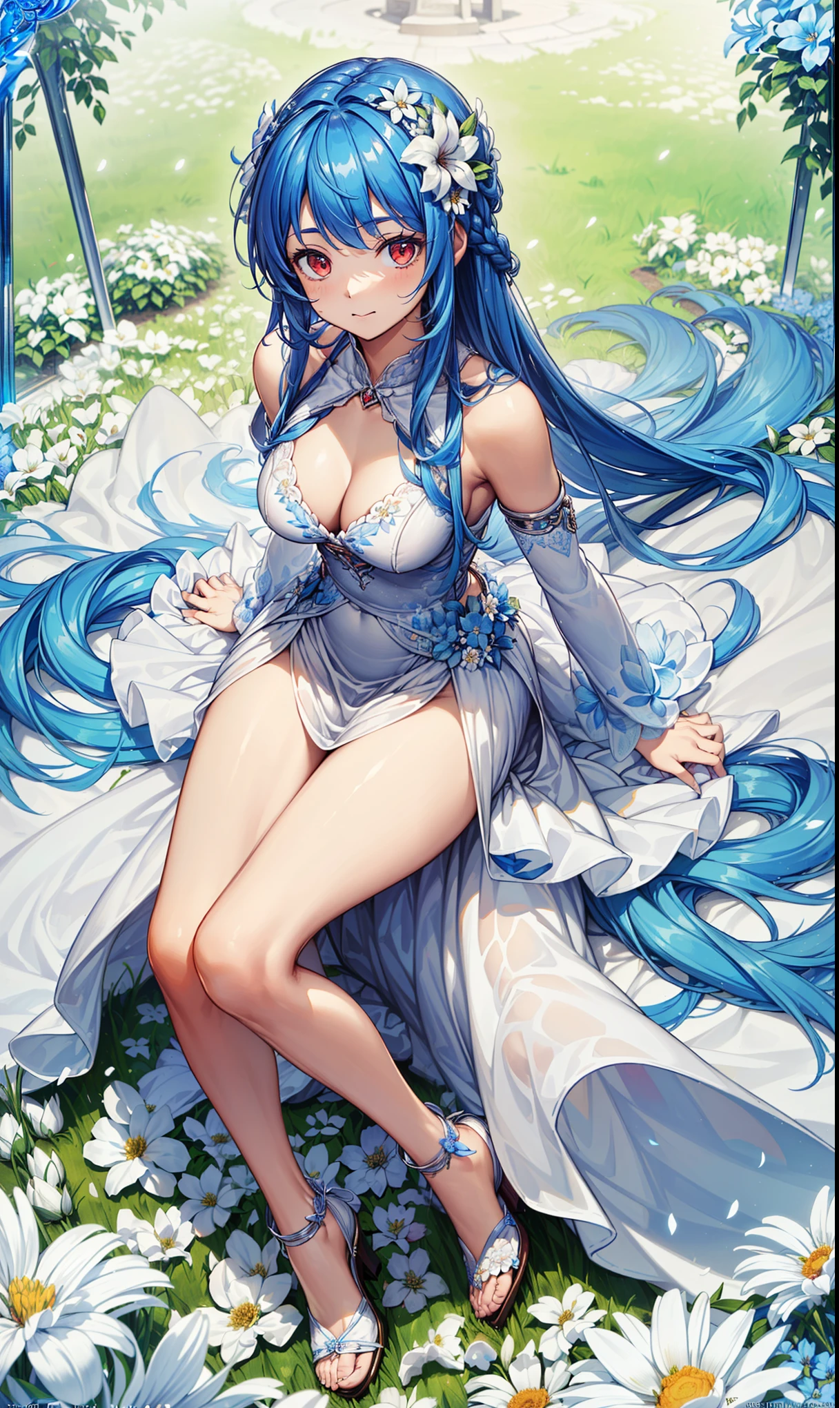 ((best quality)), ((masterpiece)), ((Very detailed)), (illustration), (Detailed lighting), (an extremely delicate and Fair), ((prune)), Excellent_absurd, (Ray Tracing), (reflected light), ((poster)), (Symbolism:1.3), (English text:1.3), rest (8K:1.3), wallpaper, 1 girl, (Girl in the flowers:1.4), (Pure sky blue hair, Red Eyes:1.5), Clear skies, External, Very detailed, best quality, Ultimate quality, masterpiece, Fair, beautiful, sit on the floor, (Absurdly long hair, Clear fabric boundaries:1.4), (Pure white dress, Pure white silk cloth:1.5), (Flower land, A thousand flowers, Colorful flowers, The flowers around her, Various flowers:1.51), young, amazing, attractive, Sundress, , Pure white shoes,精致beautiful眼睛