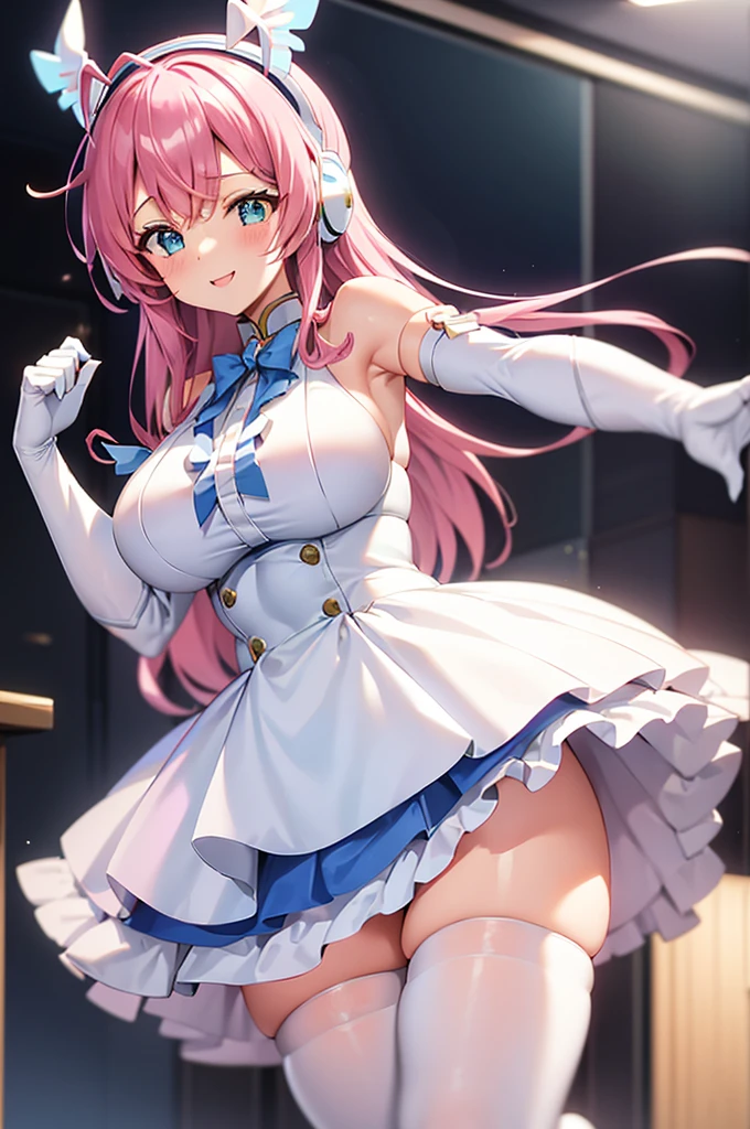 mecha wings、White and blue skirt、Accentuated thighs、White tights、chest、Beautiful pink hair、1 girl、solo girl、Thick thighs、IS、Frame Arms Girl、Alice Gere Aegis、White Armor、income、headphone、hand on own chest、smile