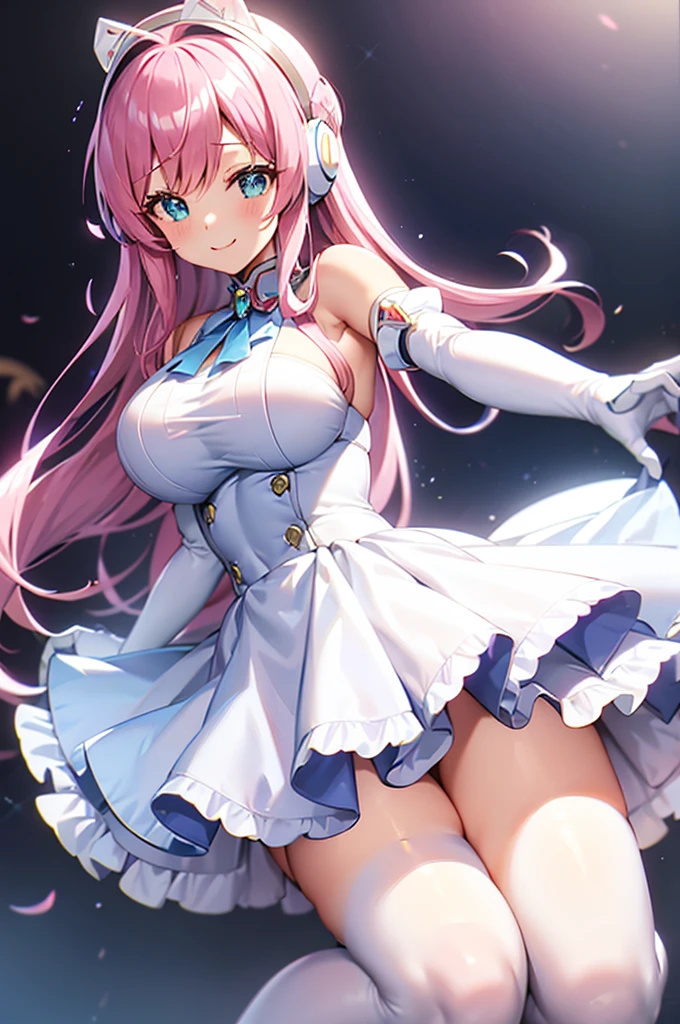 mecha wings、White and blue skirt、Accentuated thighs、White tights、chest、Beautiful pink hair、1 girl、solo girl、Thick thighs、IS、Frame Arms Girl、Alice Gere Aegis、White Armor、income、headphone、hand on own chest、smile