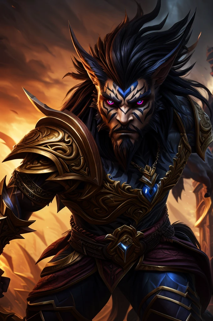 a highly detailed portrait of draven from league of legends, incredibly realistic, hyperrealistic, photorealistic, extremely detailed facial features, piercing eyes, sharp jawline, ornate armor, intricate tattoos, golden weapons, dynamic pose, cinematic lighting, dramatic atmosphere, rich colors, moody and gritty, dark fantasy style, psico eyes