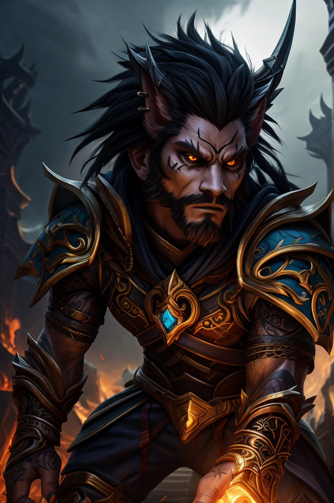 a highly detailed portrait of draven from league of legends, incredibly realistic, hyperrealistic, photorealistic, extremely detailed facial features, piercing eyes, sharp jawline, ornate armor, intricate tattoos, golden weapons, dynamic pose, cinematic lighting, dramatic atmosphere, rich colors, moody and gritty, dark fantasy style, psico eyes