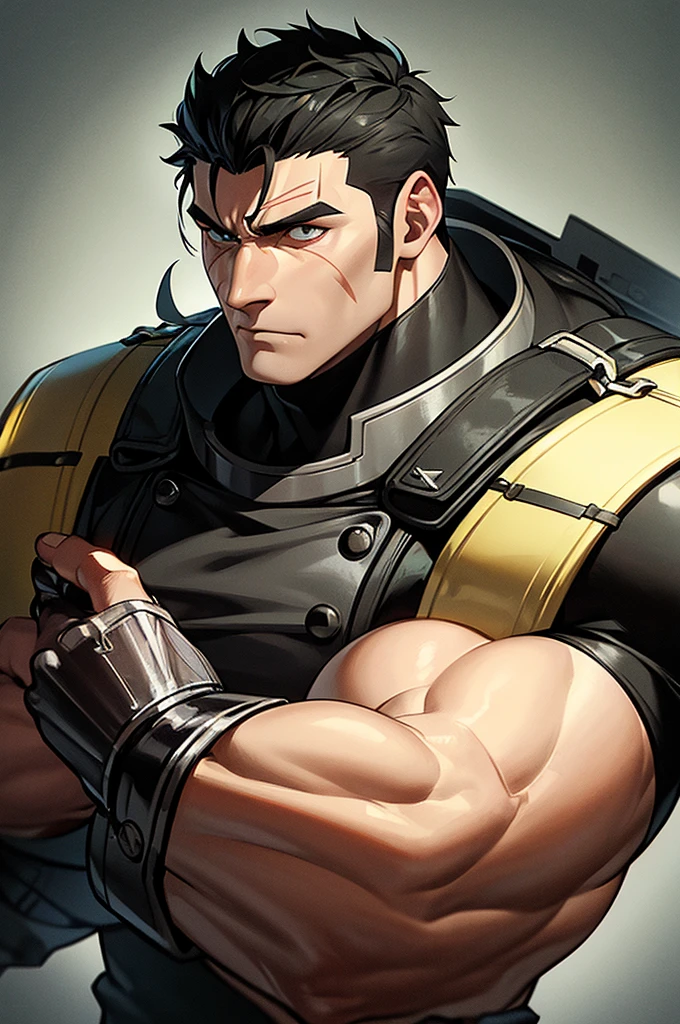 Content: A tall, tan-skinned man with a muscular frame stands confidently in a black military outfit. His short, spiky black hair complements his striking green eyes, which are filled with intensity. Scars mark his face, adding to his rugged and battle-hardened appearance. He wears black leather combat boots that enhance his imposing presence. His stance is firm and authoritative, exuding strength and determination.

Medium: Digital art, character illustration.

Style: Inspired by military-themed anime and video games, with a focus on realistic yet stylized details. The art style captures the essence of a seasoned soldier, combining elements of anime character design with a gritty, realistic touch.

Lighting: Dramatic lighting with strong contrasts to highlight the man’s muscular frame and the details of his military outfit. Shadows play across his scars and facial features, emphasizing his rugged appearance.

Colours: A monochromatic palette dominated by shades of black and dark gray, with subtle highlights to bring out the textures of his outfit and the green of his eyes.

Composition: A full-body shot with a 50mm lens, focusing on the man’s imposing figure. The background is simple and dark, ensuring that the focus remains on his powerful presence and detailed design.