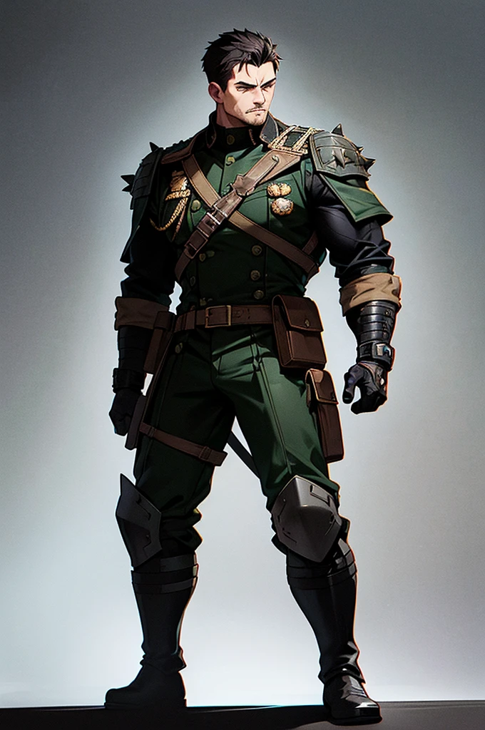 Content: A tall, tan-skinned man with a muscular frame stands confidently in a black military outfit. His short, spiky black hair complements his striking green eyes, which are filled with intensity. Scars mark his face, adding to his rugged and battle-hardened appearance. He wears black leather combat boots that enhance his imposing presence. His stance is firm and authoritative, exuding strength and determination.
Medium: Digital art, character illustration.
Style: Inspired by military-themed anime and video games, with a focus on realistic yet stylized details. The art style captures the essence of a seasoned soldier, combining elements of anime character design with a gritty, realistic touch.
Lighting: Dramatic lighting with strong contrasts to highlight the man’s muscular frame and the details of his military outfit. Shadows play across his scars and facial features, emphasizing his rugged appearance.
Colours: A monochromatic palette dominated by shades of black and dark gray, with subtle highlights to bring out the textures of his outfit and the green of his eyes.
Composition: A full-body shot with a 50mm lens, focusing on the man’s imposing figure. The background is simple and dark, ensuring that the focus remains on his powerful presence and detailed design.